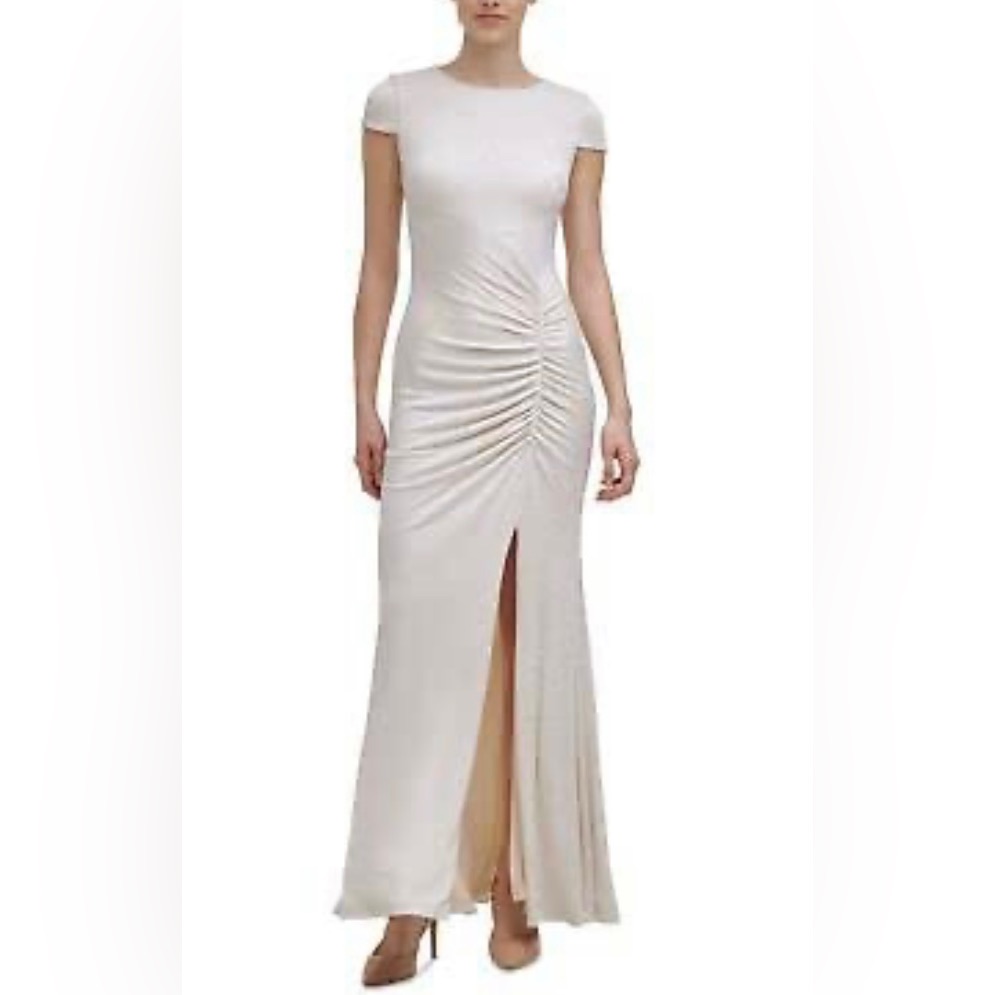 Nwt Calvin Klein Sparkly Cream Stretch Cap Sleeve Long Dress - Size 12
